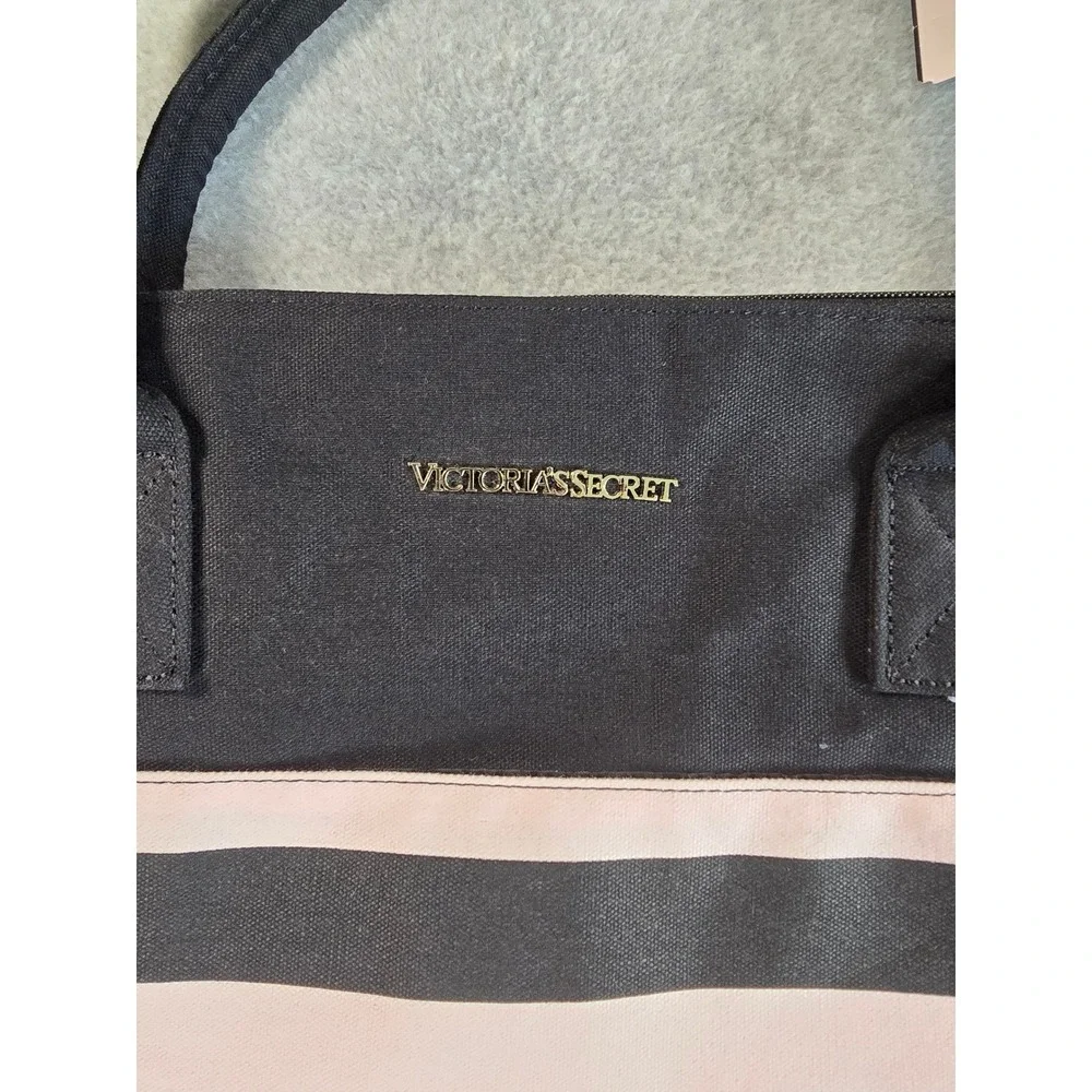 Victoria Secret Tote Bag Womens Pink Black Striped Weekender Large NWOT